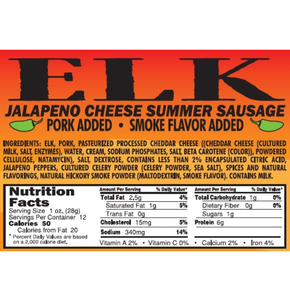 
                  
                    Jalapeno & Cheese Elk Summer Sausage Nutrition Facts
                  
                