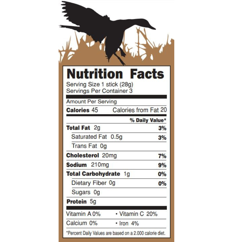 
                  
                    Duck Protein Snack Sticks Nutrition Facts
                  
                