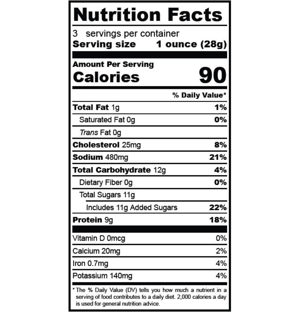 
                  
                    Hot & Sweet Beef Jerky - 3 oz Nutrition Facts
                  
                