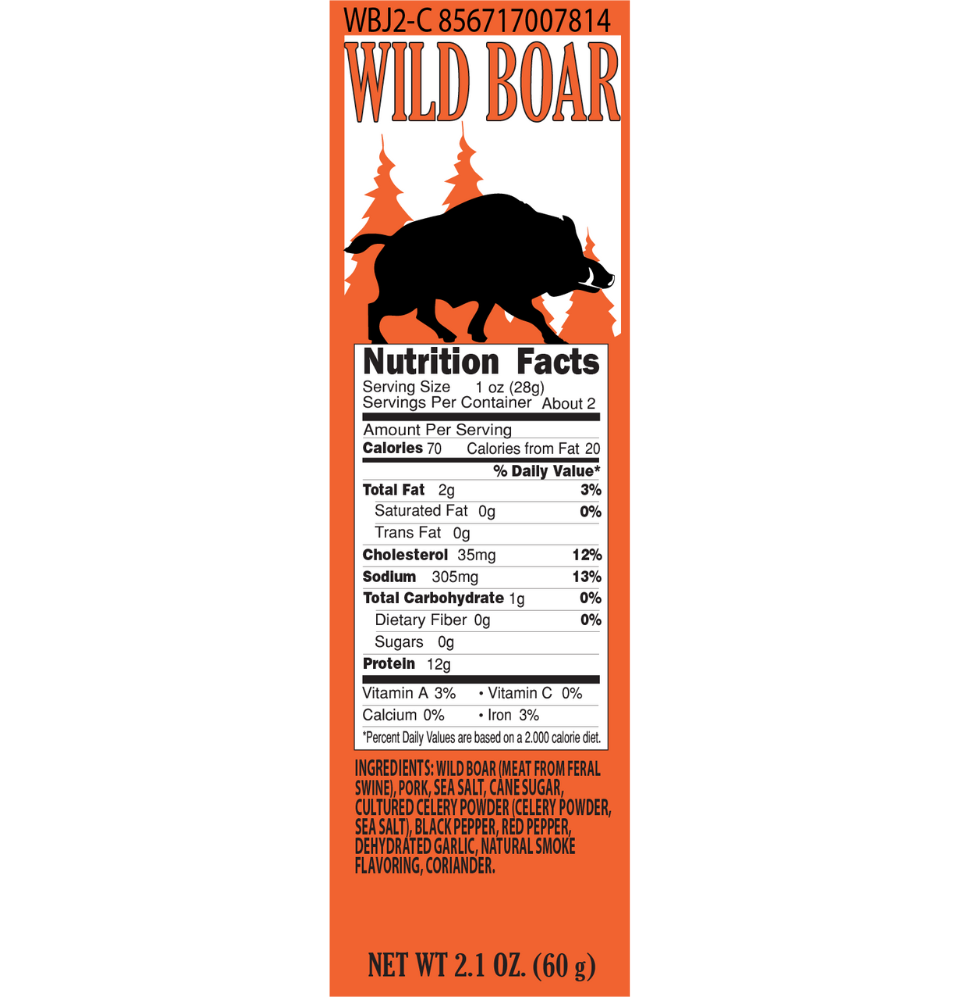 
                  
                    Greenhorn Sampler - Wild Boar Jerky Bag Nutrition Facts
                  
                