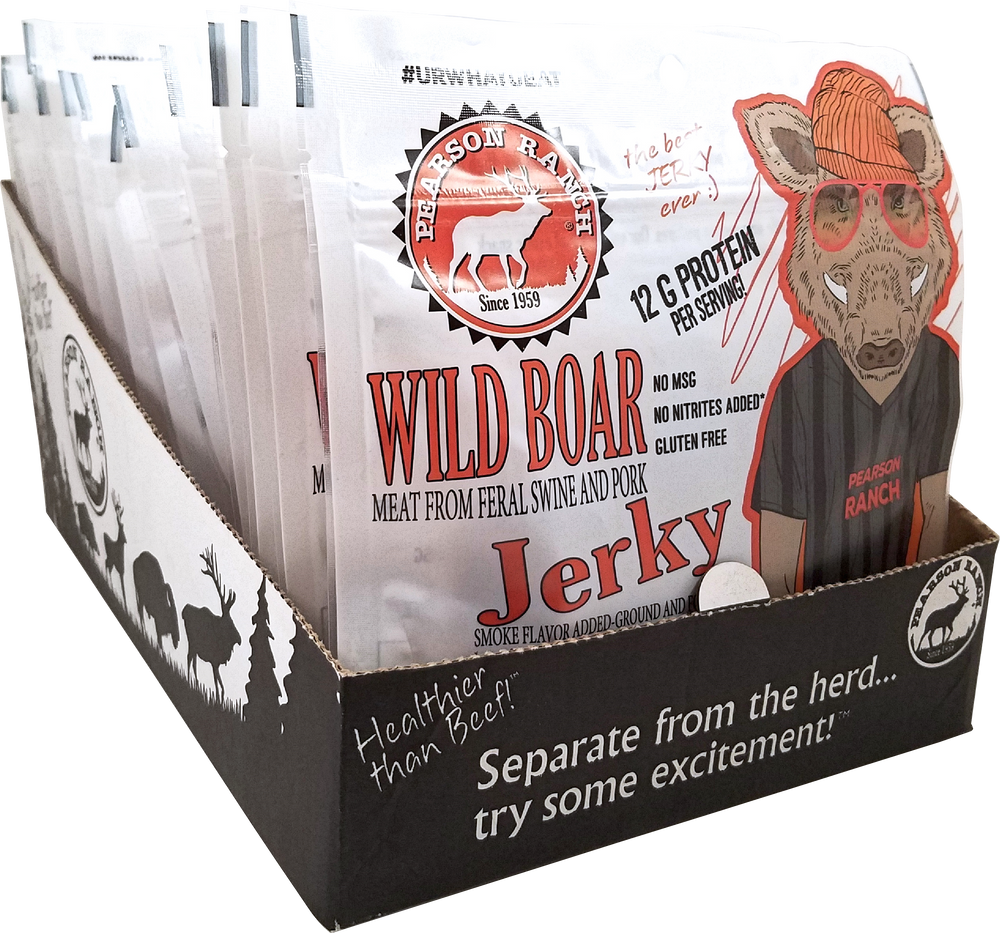 
                  
                    Wholesale Wild Boar Jerky Display Tray - 12 each 2.1oz Resealable Bags - Pearson Ranch Jerky
                  
                